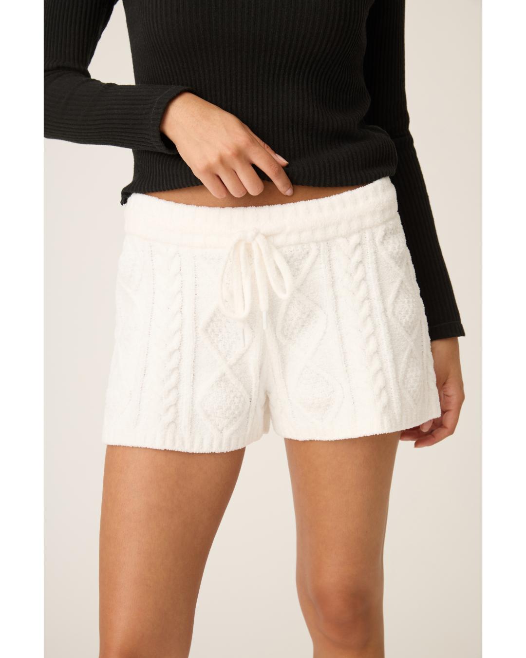 white cable knit fuzzy pj lounge shorts