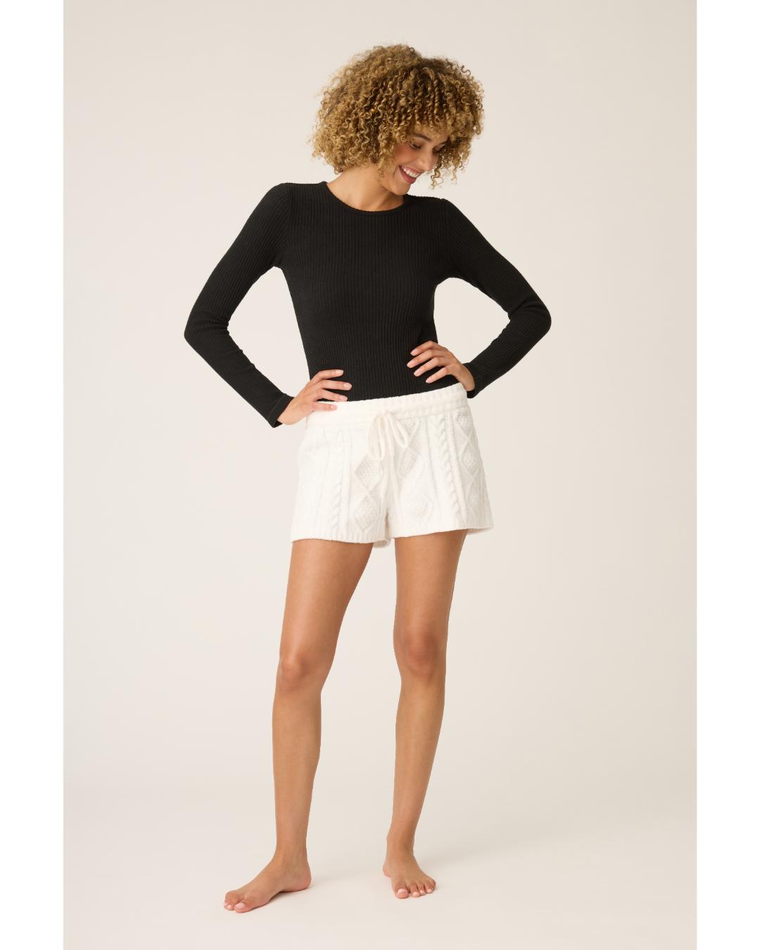 white cable knit fuzzy pj lounge shorts