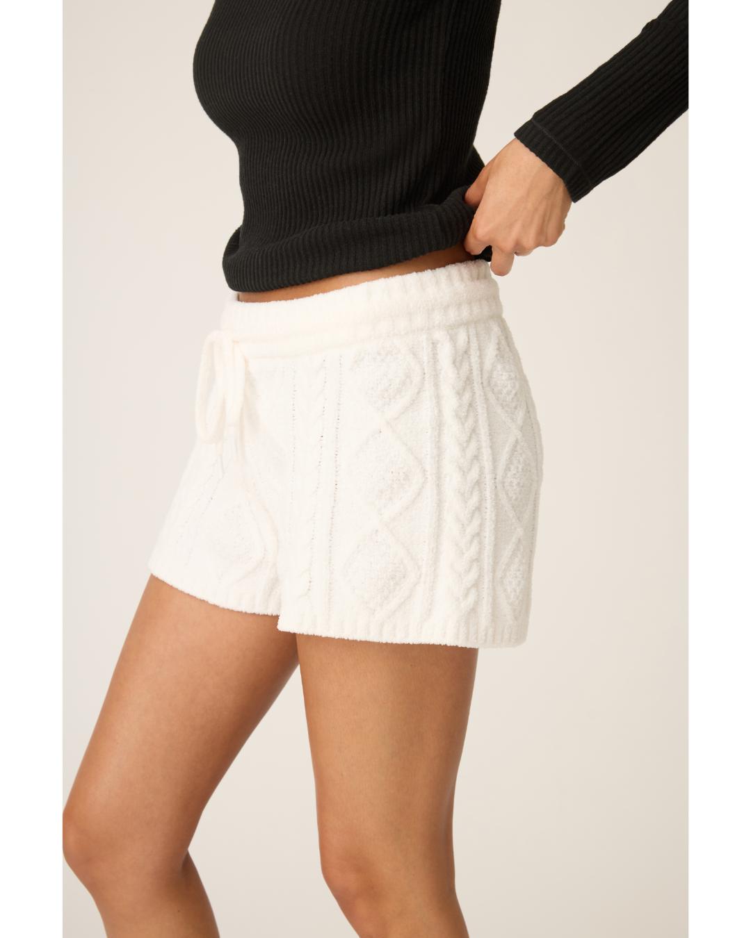 white cable knit fuzzy pj lounge shorts