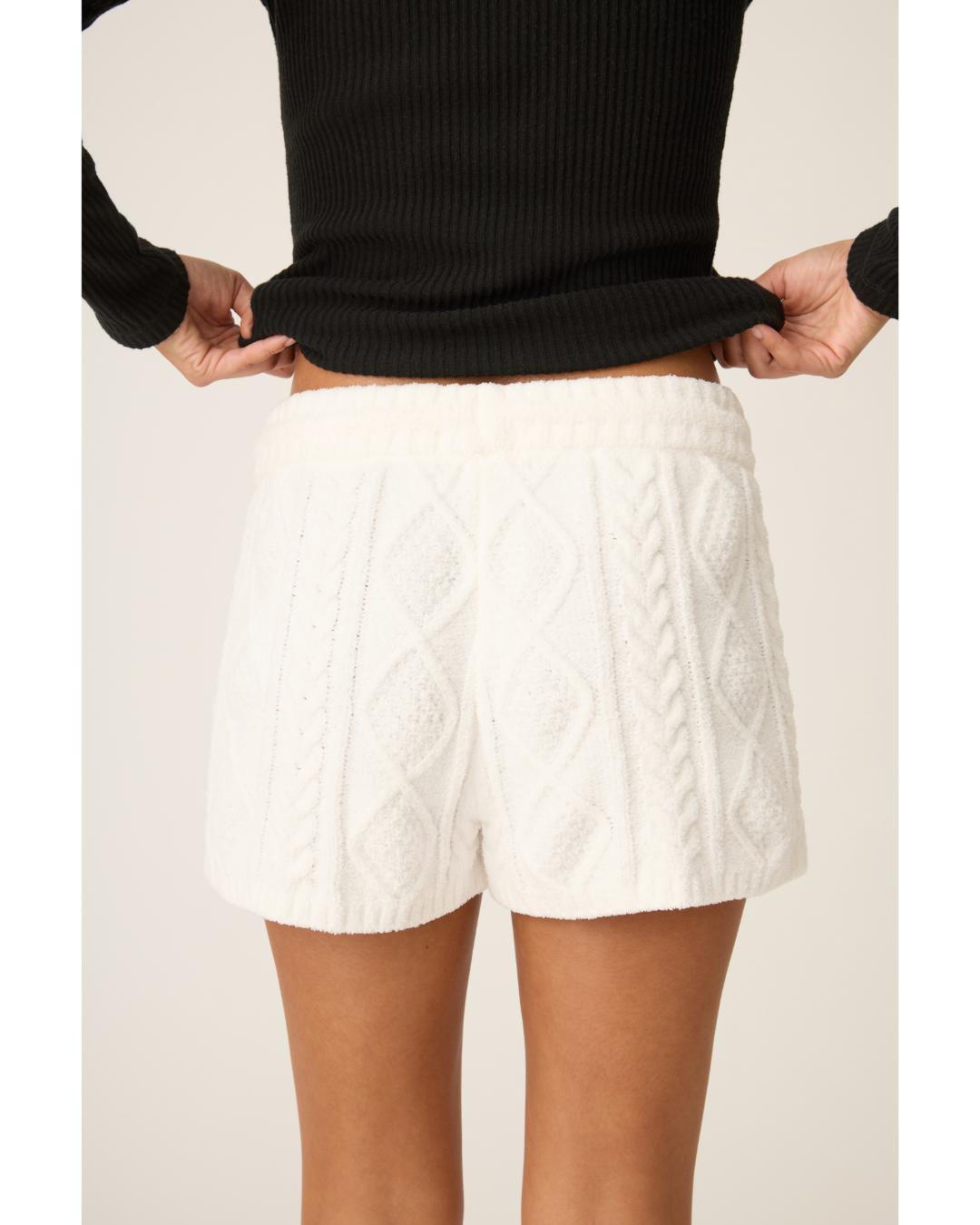 white cable knit fuzzy pj lounge shorts