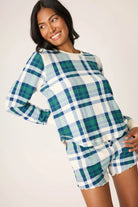 plaid lounge top in green, blue and white
