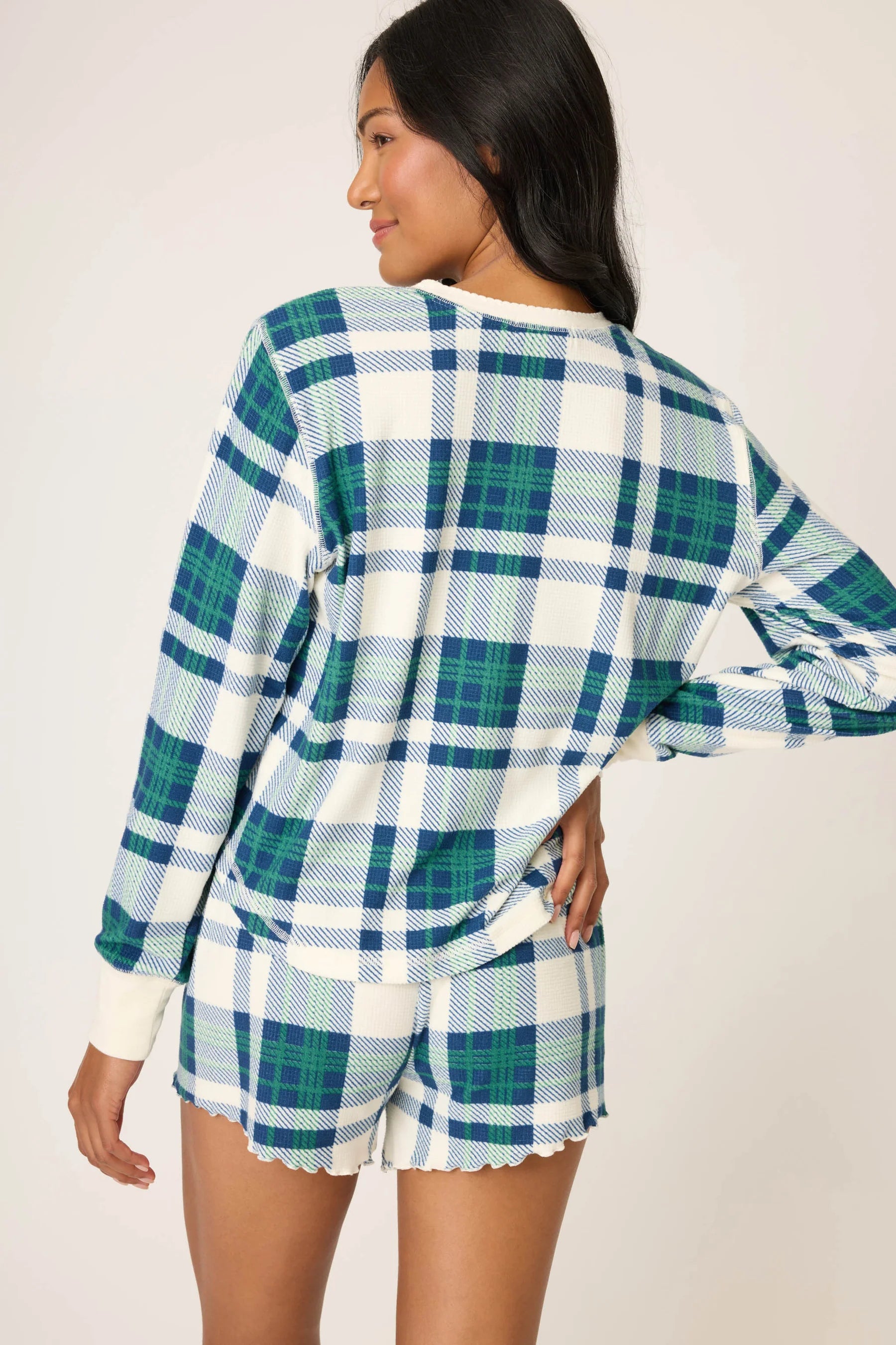 plaid shorts in green, blue and white