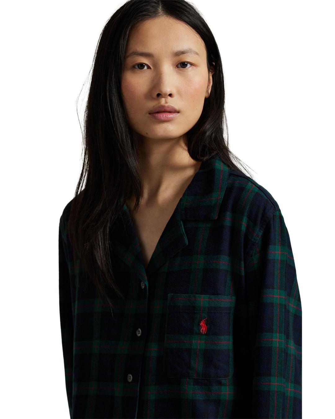 long sleeve top and boxer pj set in a blue and green plaid print