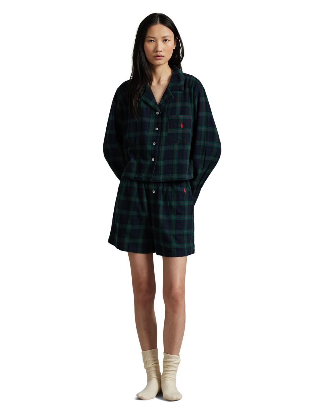 long sleeve top and boxer pj set in a blue and green plaid print