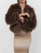 brown cropped faux fur jacket