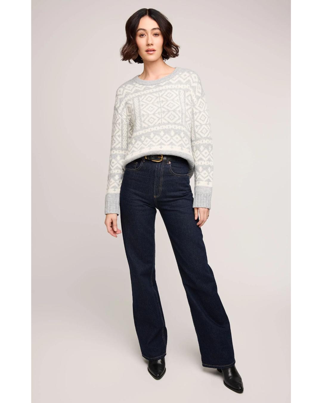 white and grey pattern sweater