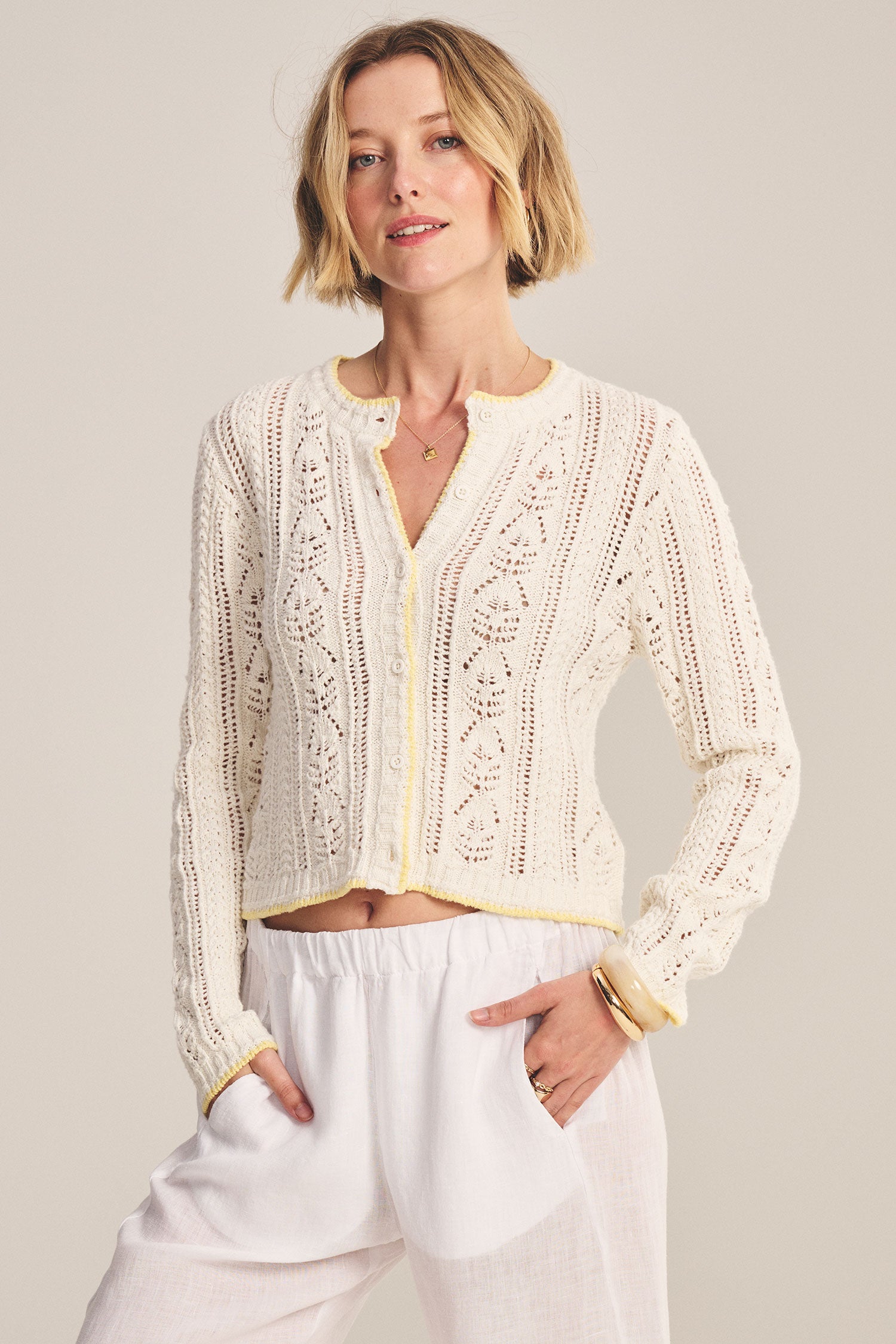 pointelle crochet cream cardigan