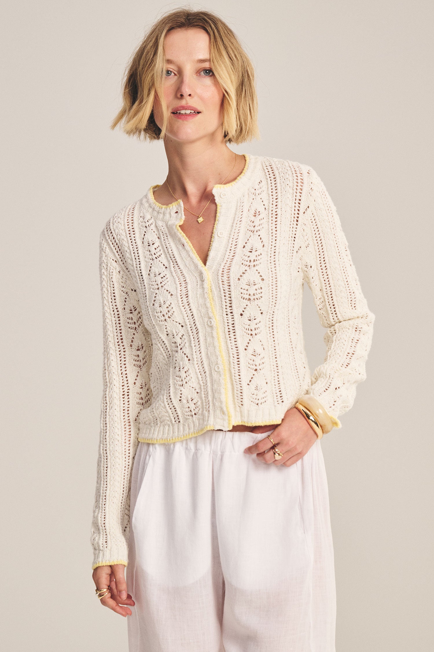 pointelle crochet cream cardigan