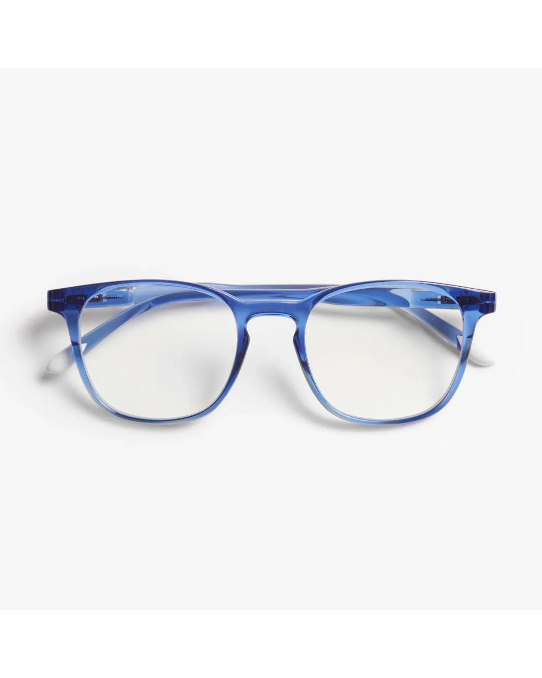 blue framed eyeglasses 