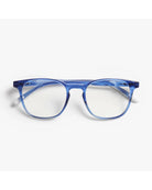 blue framed eyeglasses 