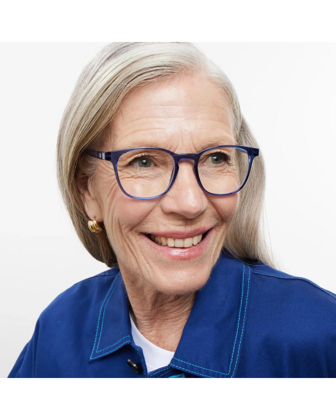 blue framed eyeglasses 