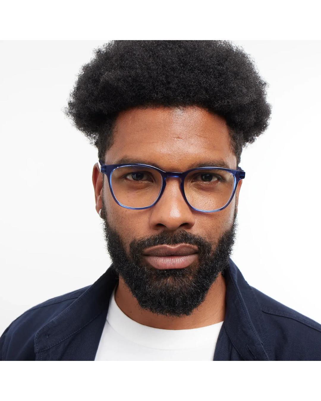 blue framed eyeglasses 