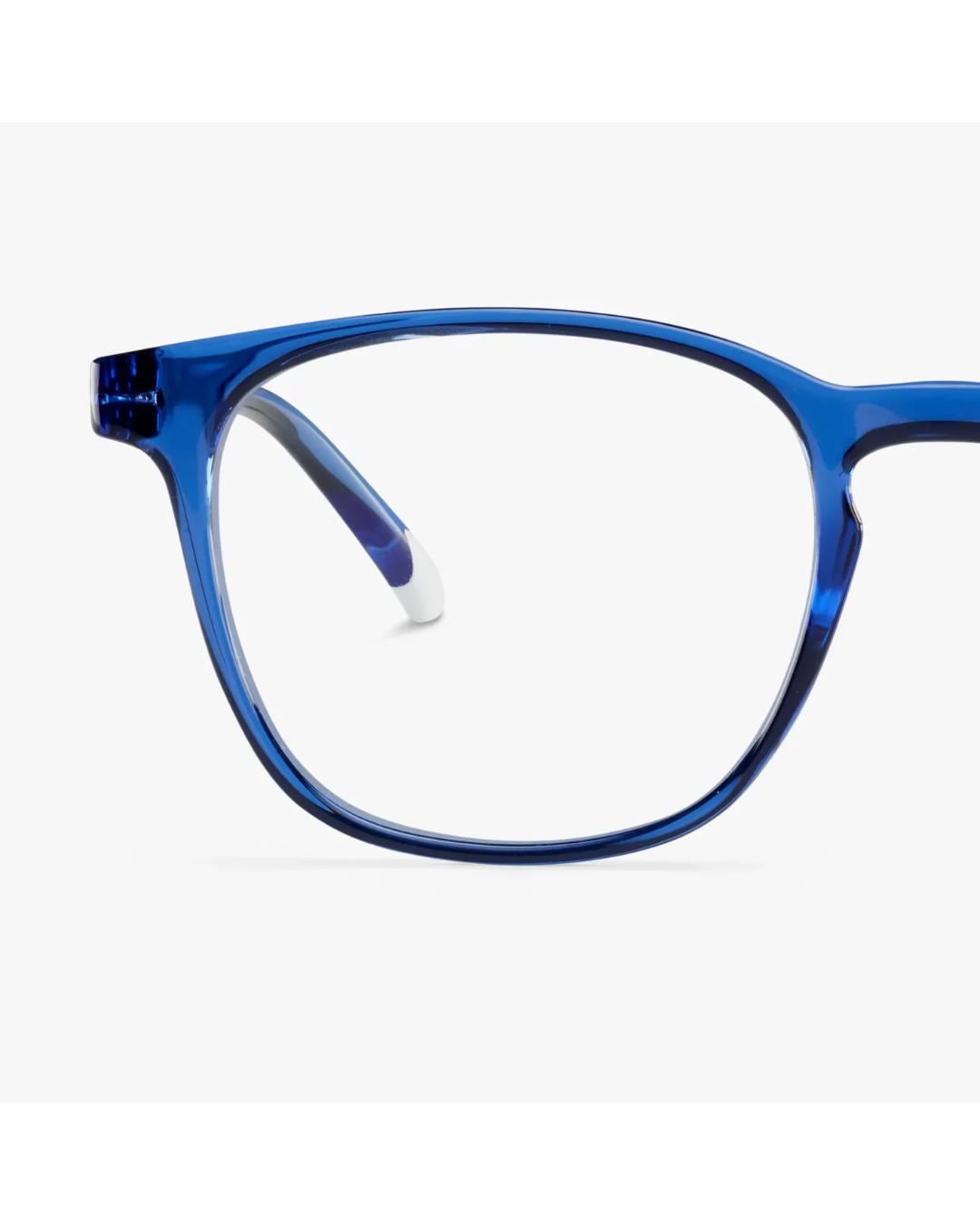 blue framed eyeglasses 
