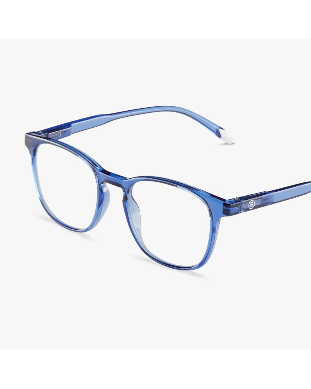 blue framed eyeglasses 