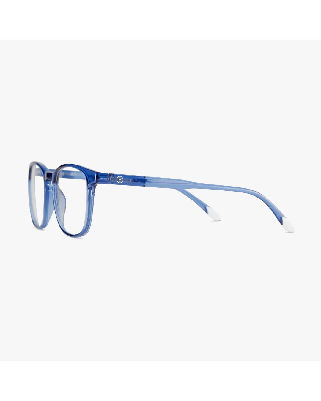 blue framed eyeglasses 