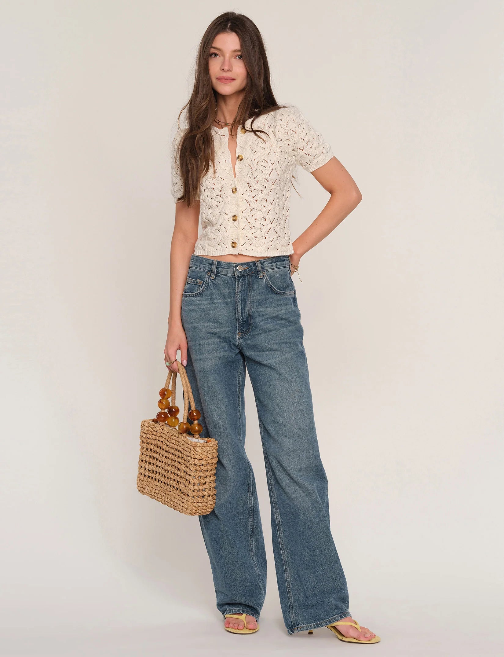 short sleeve knit cardigan in cream