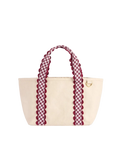 cream mini tote bag with red plaid strap