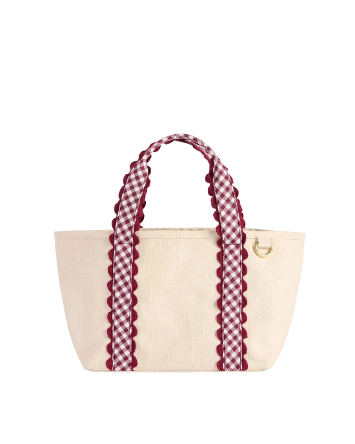 cream mini tote bag with red plaid strap