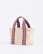 cream mini tote bag with red plaid strap
