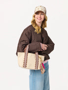 mini cream tote bag with brown plaid details