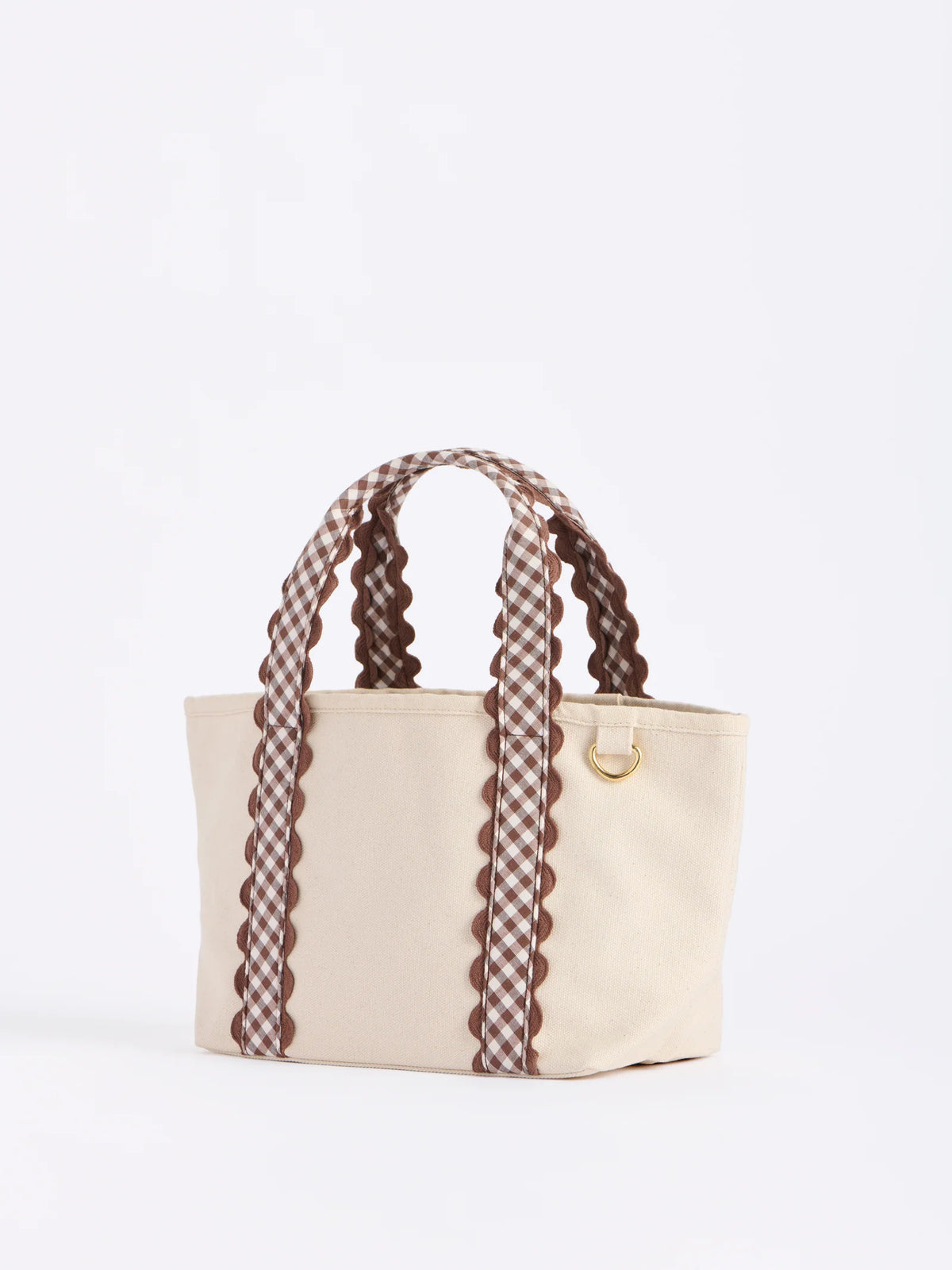 mini cream tote bag with brown plaid details