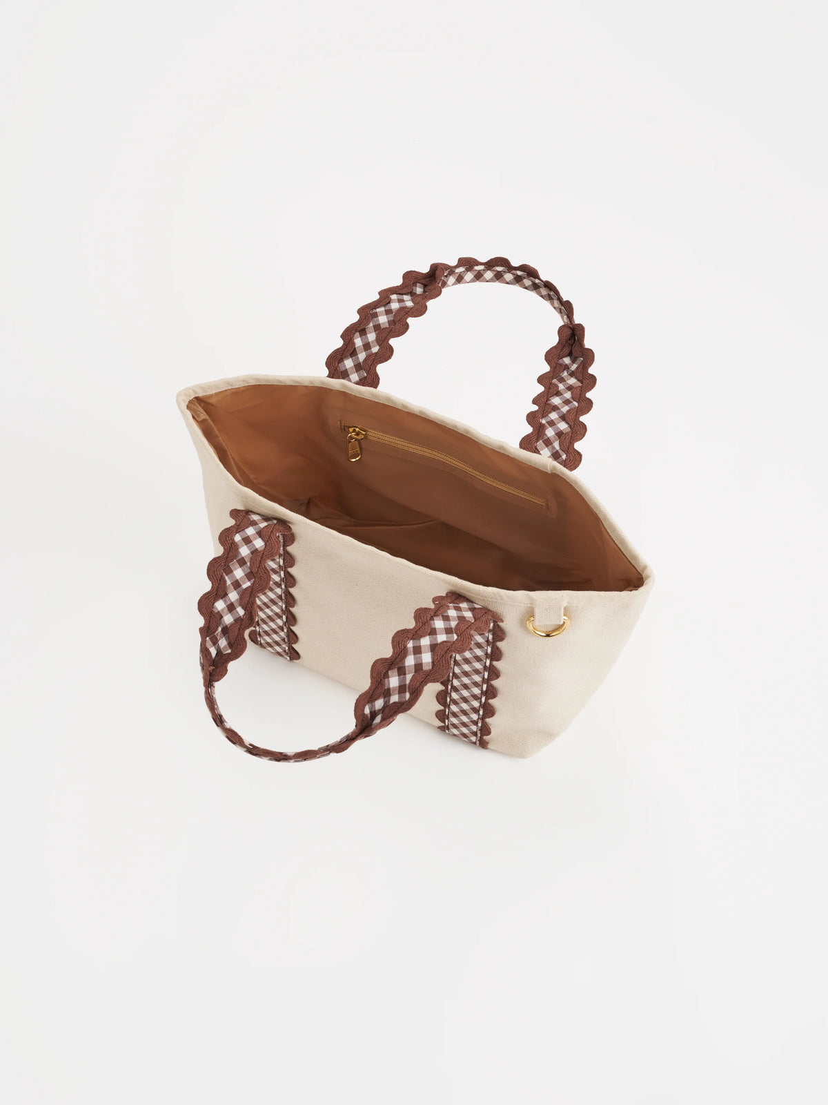 mini cream tote bag with brown plaid details