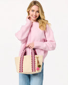 cream mini tote bag with red plaid strap