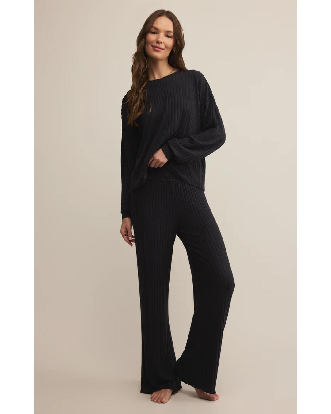 black ribbed wide leg lounge pant