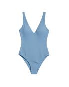 one piece swimsuit in blue with deep v-neck