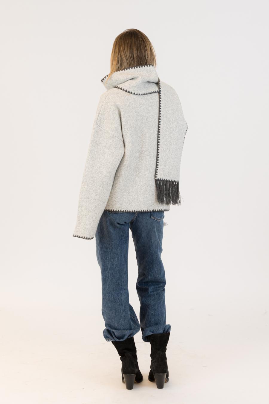 light grey coat with scarf