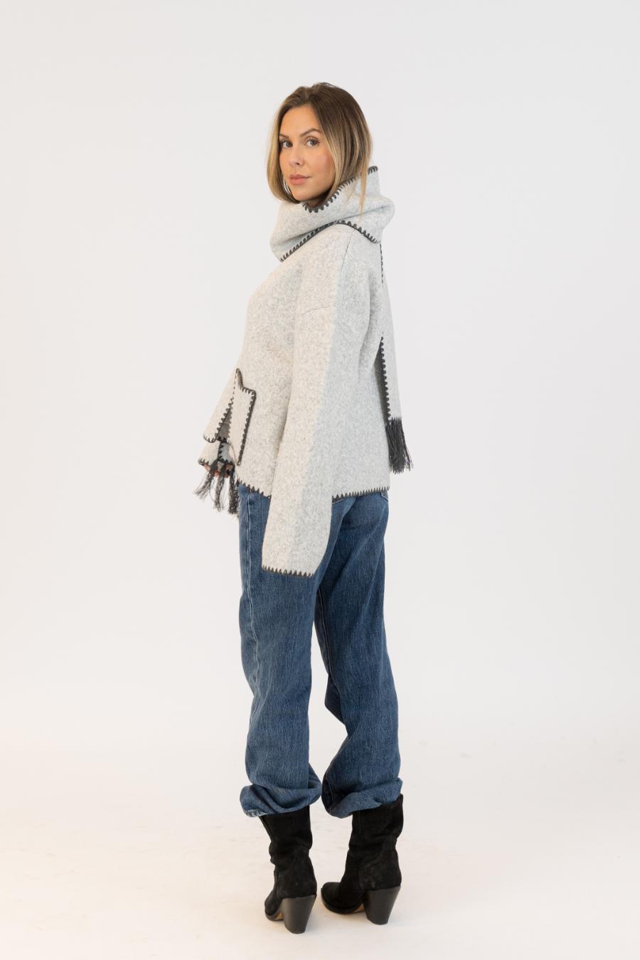 light grey coat with scarf