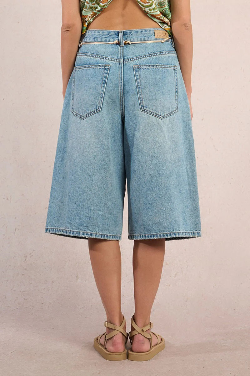 long denim shorts with a string tie