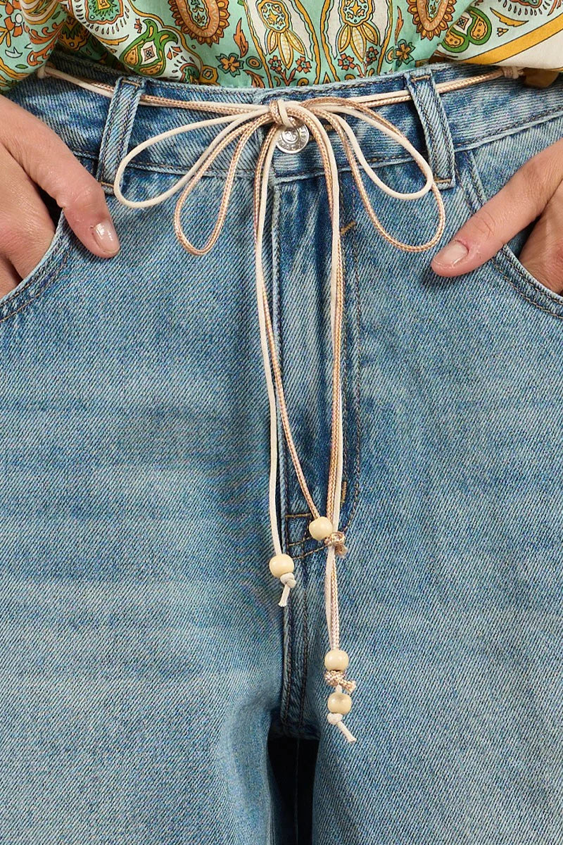 long denim shorts with a string tie