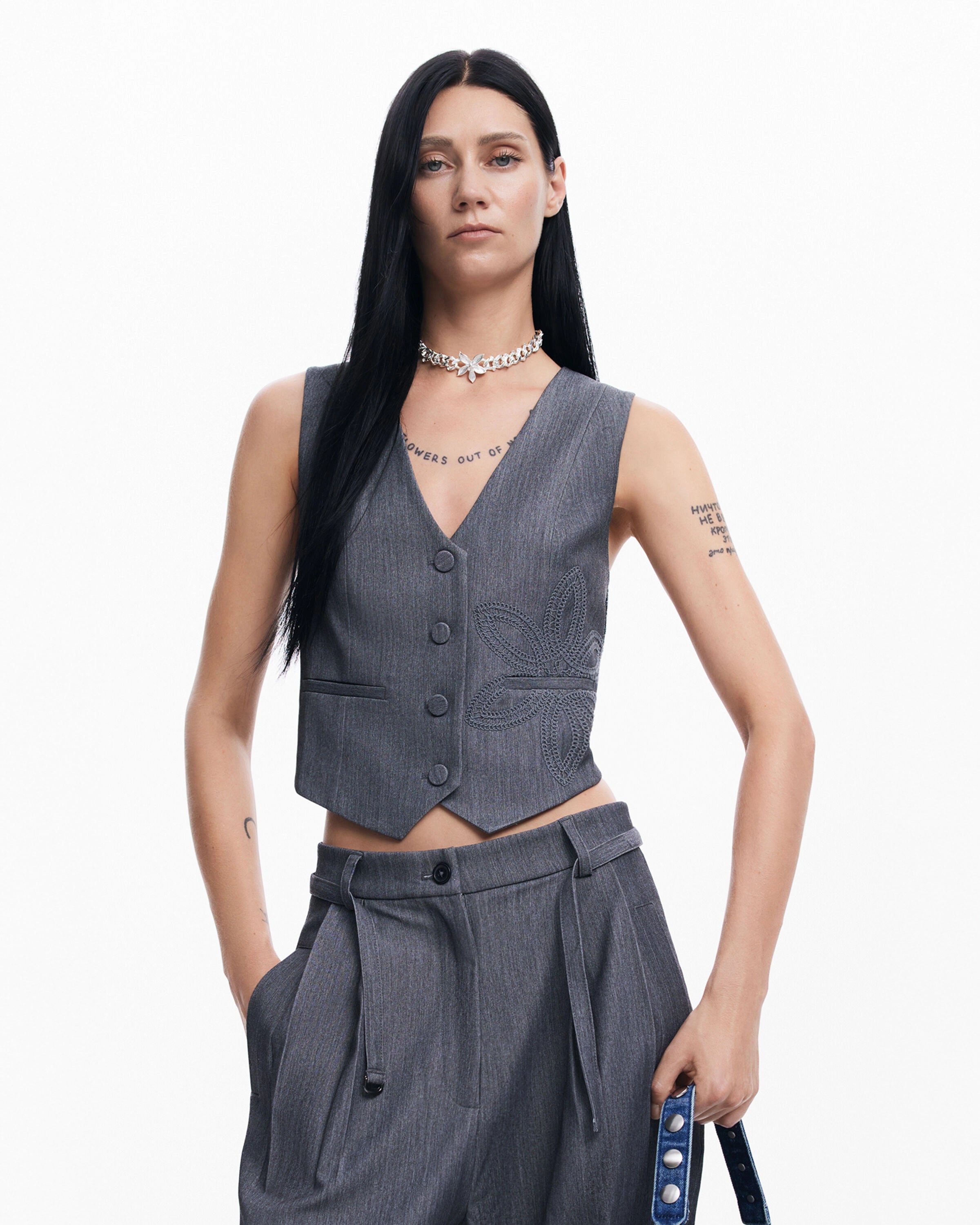 Desigual grey Tailored Vest with Flower