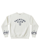 white crewneck sweatshirt with navy yachting club text