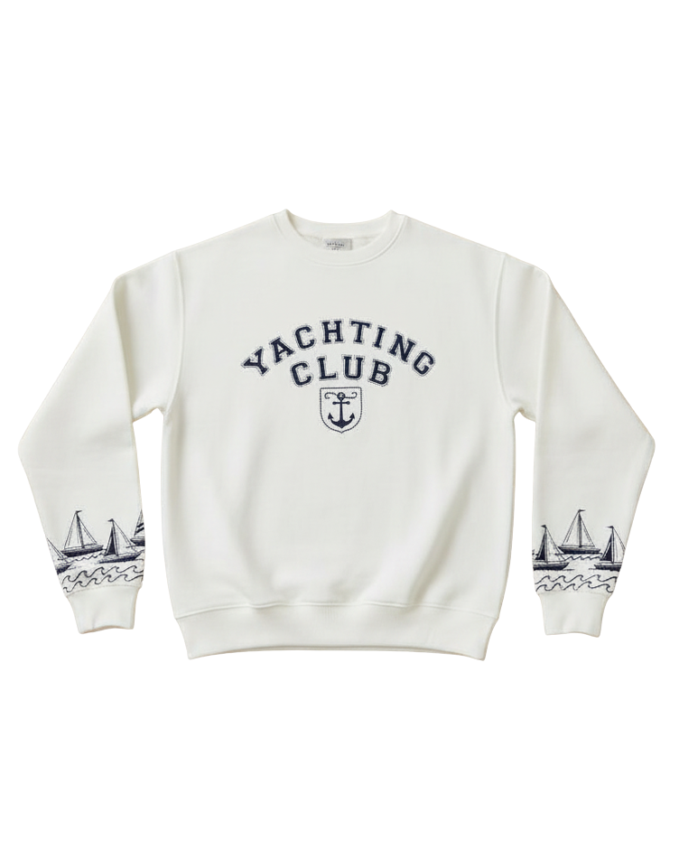 white crewneck sweatshirt with navy yachting club text