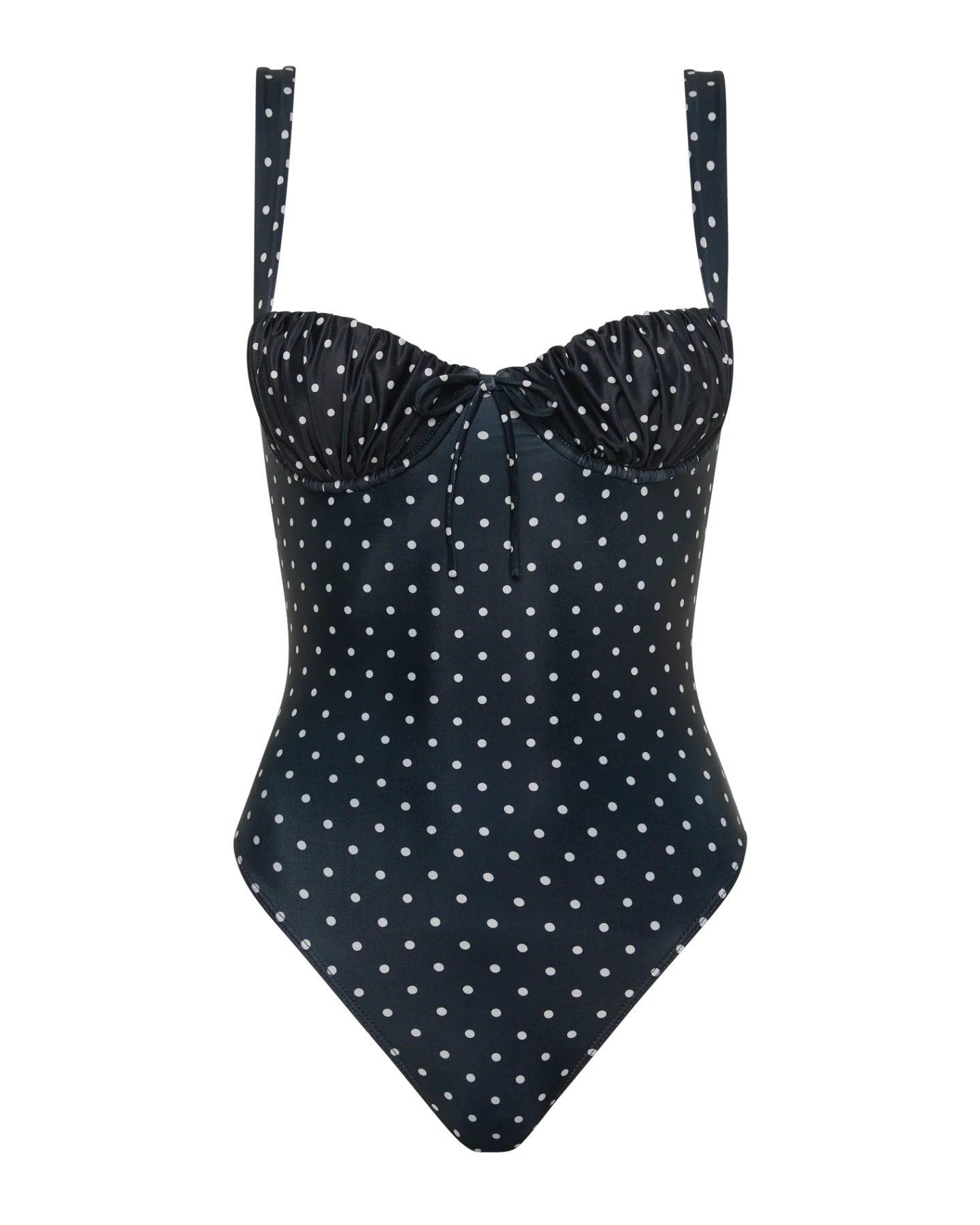 black onepiece swimsuit with cream polka dots