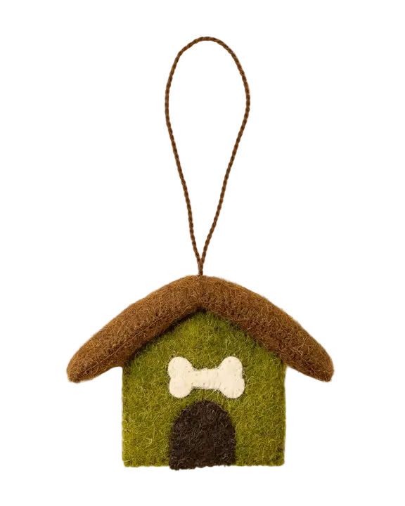 green and brown felt dog house ornament