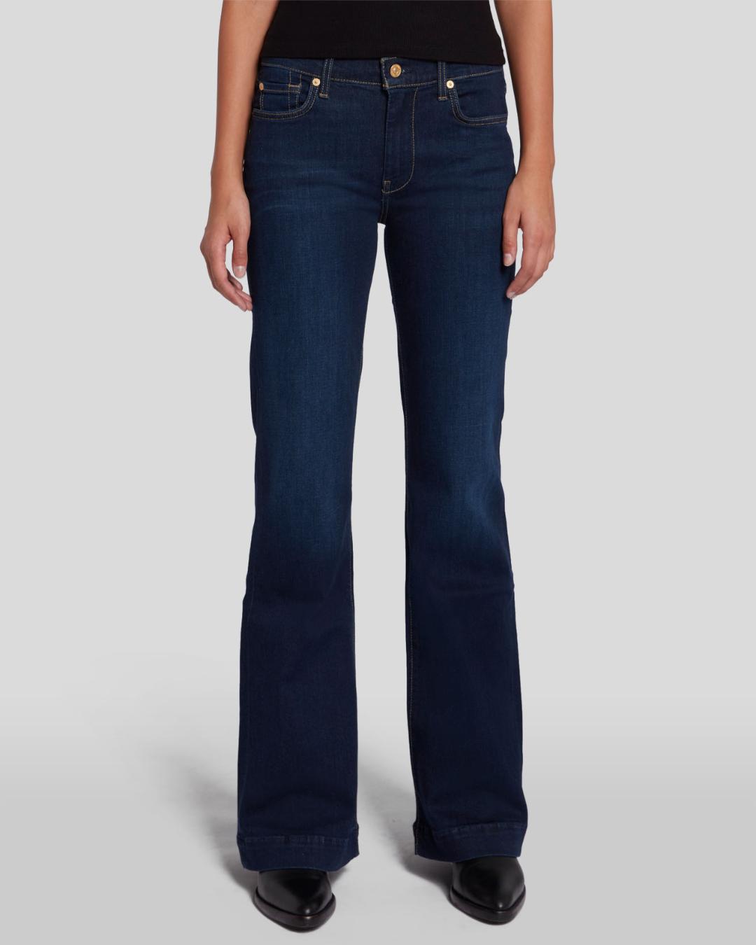 dark denim pant with a flare leg