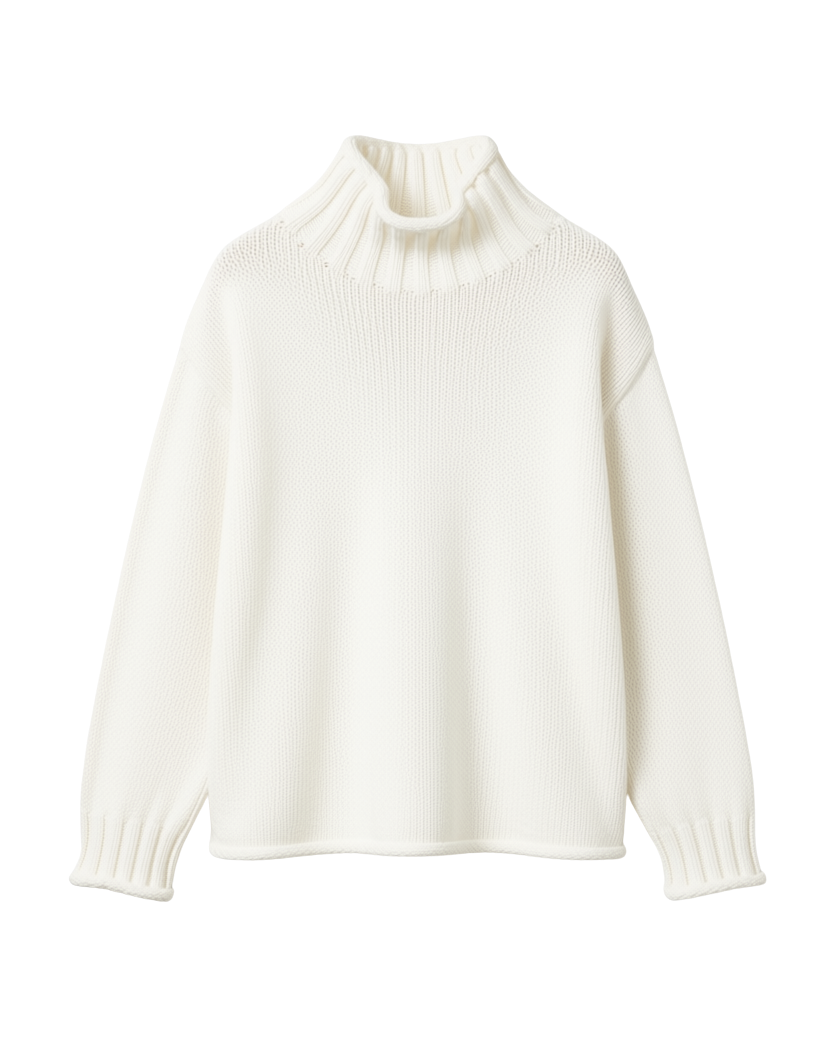 white chunky knit sweater with mockneck