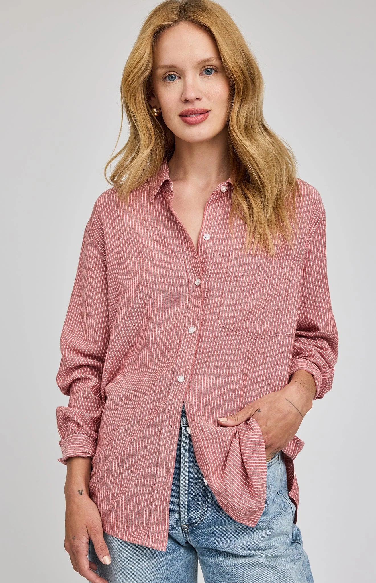 red striped linen blouse