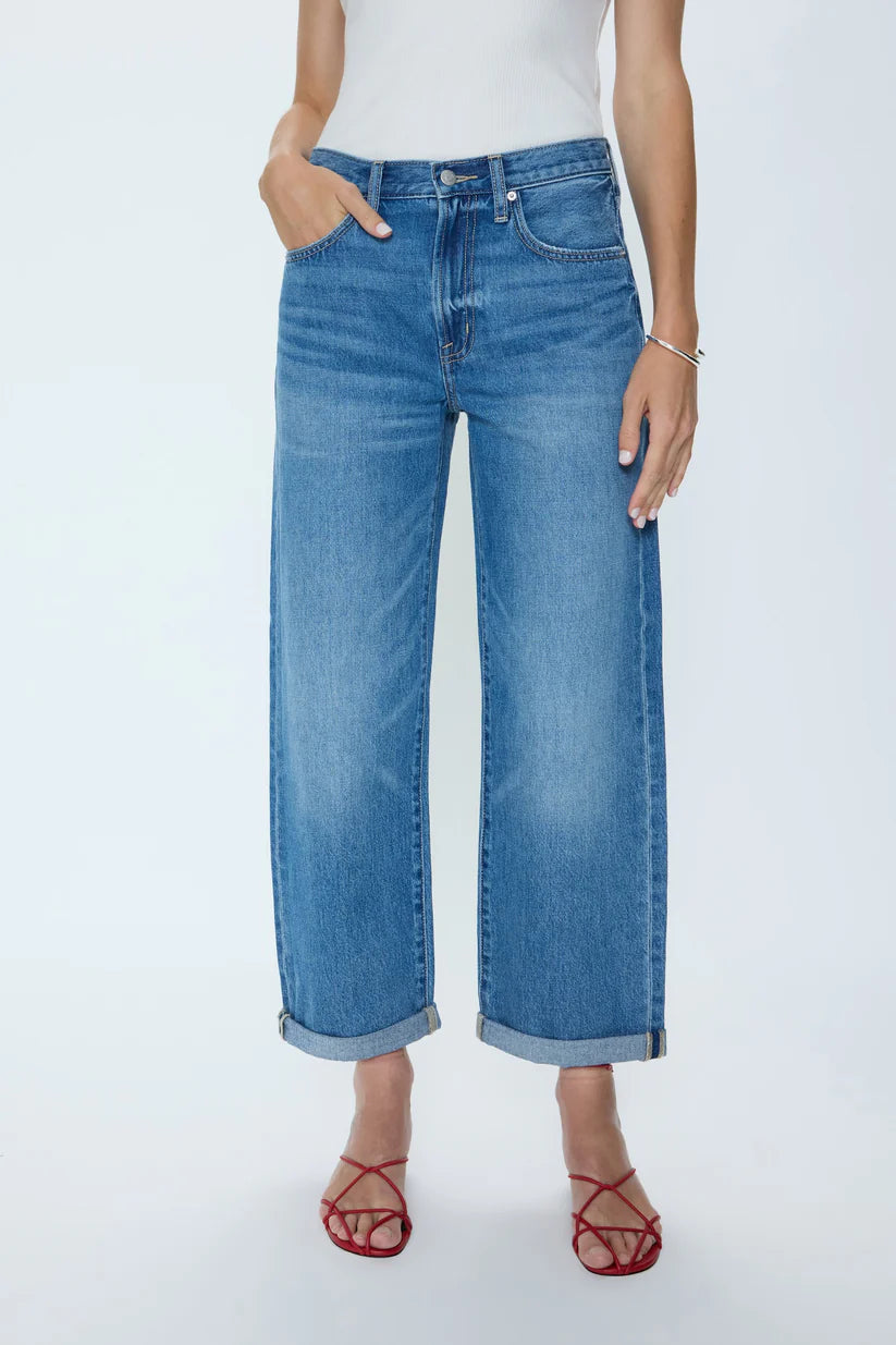 blue wide leg denim pant with a rolled hem