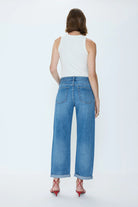 blue wide leg denim pant with a rolled hem