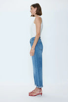 blue wide leg denim pant with a rolled hem