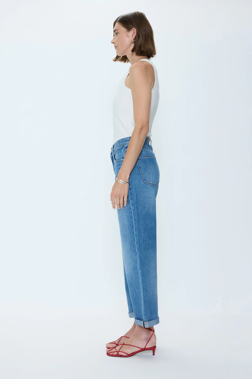 blue wide leg denim pant with a rolled hem