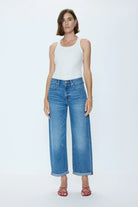 blue wide leg denim pant with a rolled hem