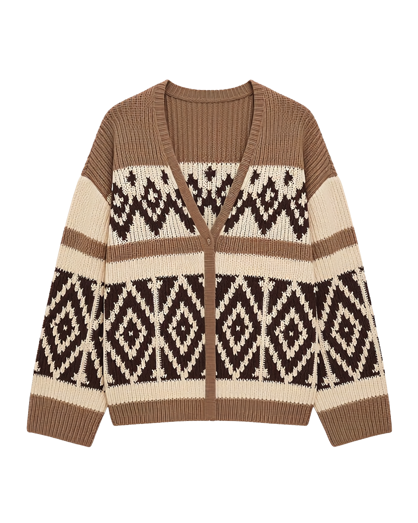 brown and beige detail knit cardigan