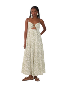maxi dress in white with green leaves all over
