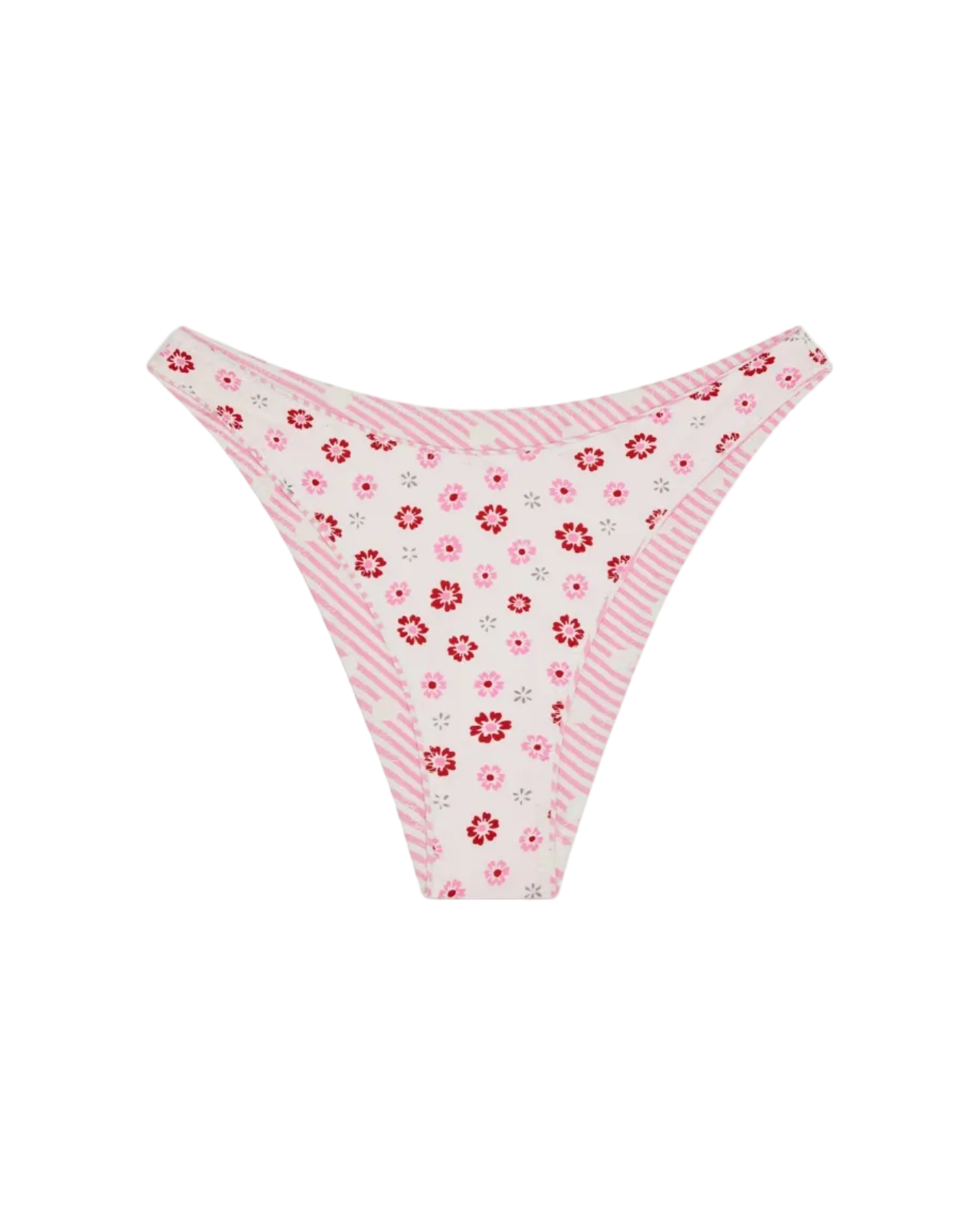 pink, red and white floral bikini bottom with reversible side on pink and white polka dots