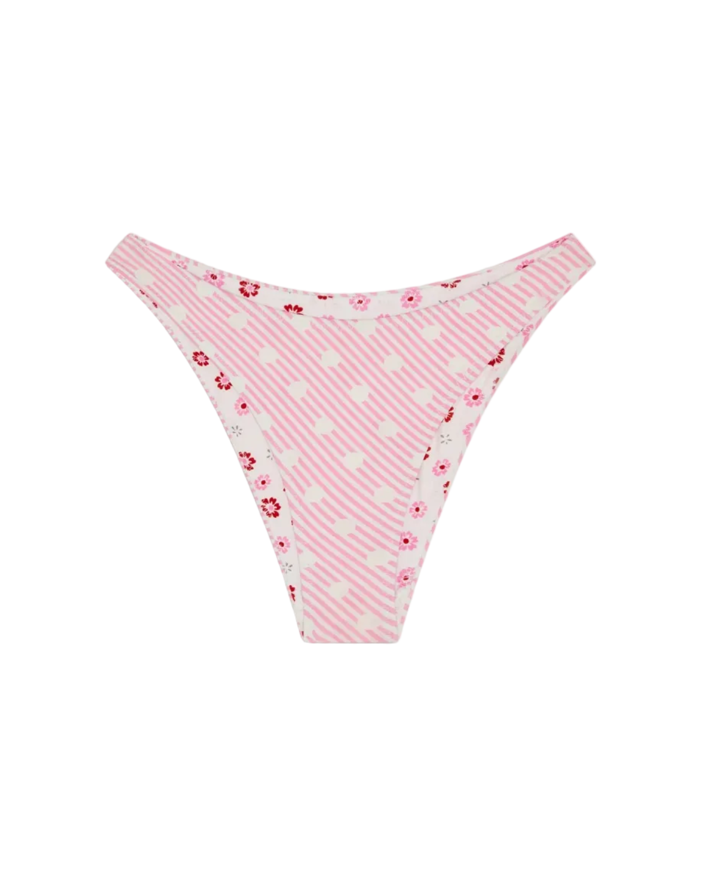 pink, red and white floral bikini bottom with reversible side on pink and white polka dots